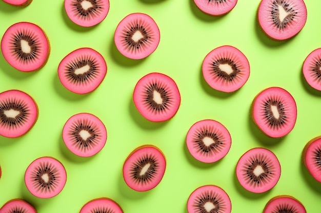 La vue de haut en bas montre un motif vibrant de tranches de kiwi fraîches disposées sur un fond rose