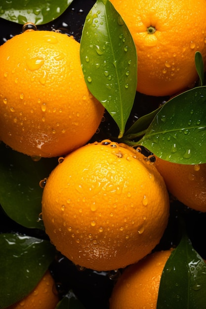 Vue de haut en bas d'oranges fraîches avec des gouttes d'eau AI générative