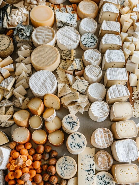 Vue de haut en bas d'un vaste assortiment de fromages de différentes textures et couleurs