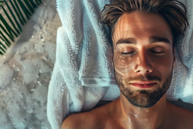 Vue d'en haut d'un beau jeune homme allongé avec les yeux fermés dans un salon de spa Concept de relaxation