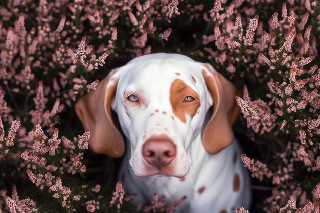 Vue d'en haut d'un beau petit chiot assis dans un champ de bruyère en fleurs Calluna vulgaris