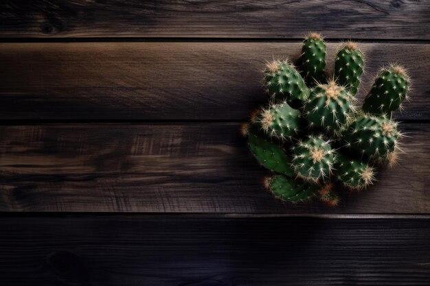 Vue de haut d'un cactus sur fond de bois