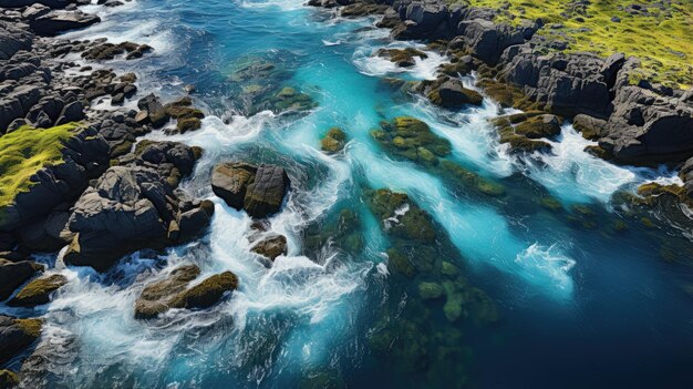 Photo vue d'en haut de la cascade qui coule dans une petite rivière le long d'une vallée de montagne en islande