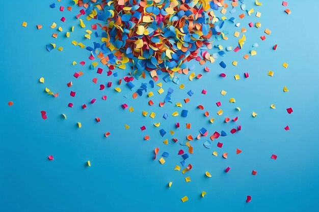 Vue de haut des confettis colorés éparpillés sur un fond bleu