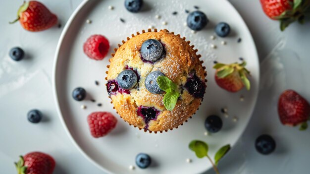 Vue de haut d'un délicieux muffin de bleuets sur une assiette entourée de fruits frais