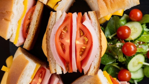 Vue de haut des délicieux sandwichs avec du jambon vert et des tomates