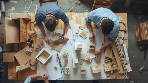 Photo vue d'en haut de deux architectes travaillant sur un nouveau projet. ils utilisent une variété de matériaux, y compris du papier en bois et du carton.