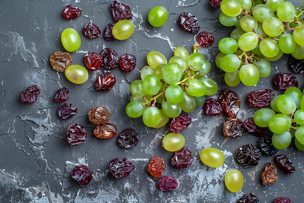 Vue de haut de différents raisins secs du raisin et d'autres fruits sur une surface grise