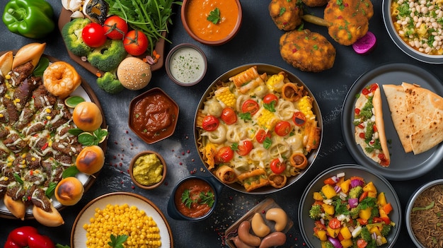 Photo vue de haut de différents types de nourriture indienne sur un fond noir
