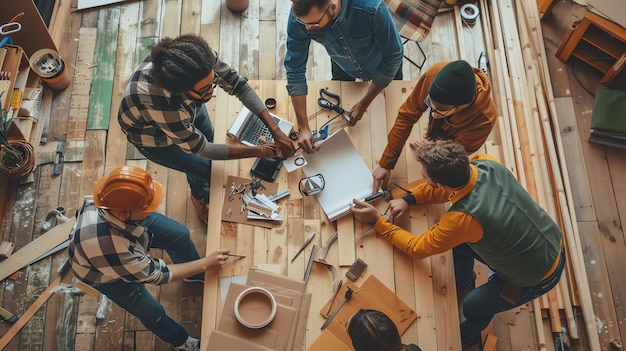 Photo vue d'en haut de divers charpentiers discutant du projet tout en travaillant ensemble dans un atelier de charpentier ils utilisent des plans et du ruban à mesurer