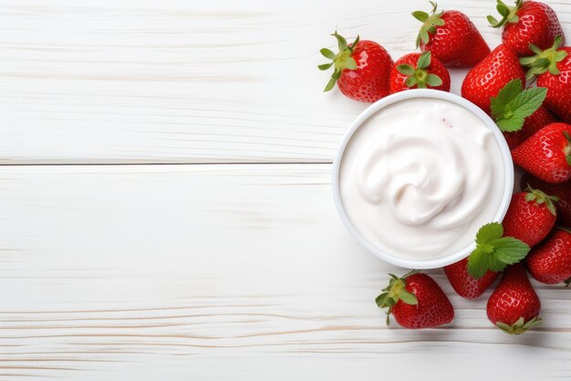 Vue de haut du yogourt à la fraise sur fond de bois blanc promouvant un régime alimentaire sain à base de fruits