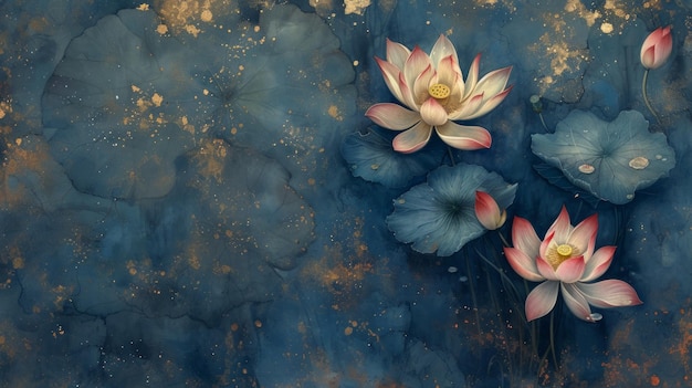 Photo vue d'en haut élégante d'une fleur de lotus flottant gracieusement dans un étang présentée sur une texture de toile de peinture sombre d'art fin ce papier peint incarne l'essence paisible d'un zen japonais