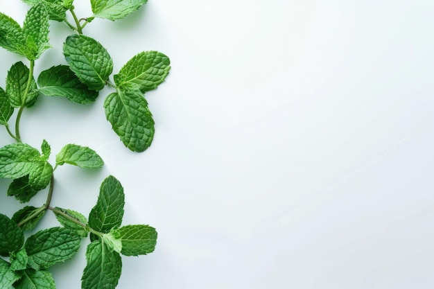 Vue de haut de feuilles de menthe fraîches sur fond blanc