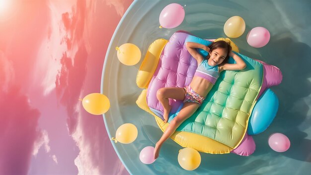 Vue de haut d'une fille se relaxant sur un matelas gonflable