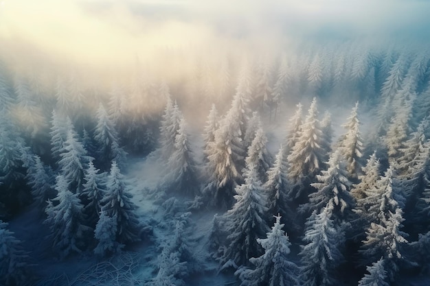 Vue de haut de la forêt d'hiver Forêt enneigée et montagnes