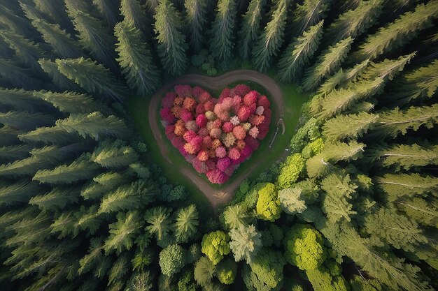 Vue d'en haut sur la forme d'un cœur dans la forêt