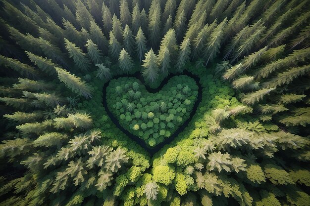 Vue d'en haut sur la forme d'un cœur dans la forêt