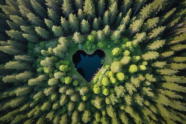 Vue d'en haut sur la forme d'un cœur dans la forêt