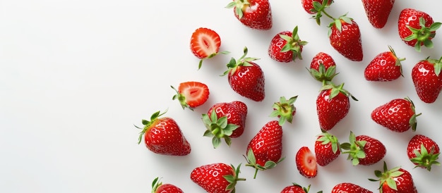 Vue de haut des fraises sur un fond blanc avec de l'espace pour le texte