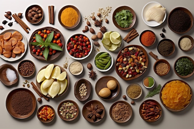 Vue de haut des fruits, des légumes, des herbes et des épices