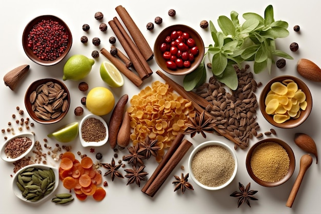 Vue de haut des fruits, des légumes, des herbes et des épices