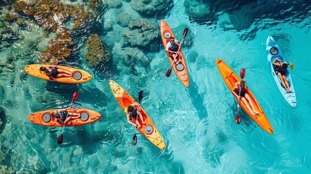 Vue de haut des gens en kayak dans l'eau bleue claire