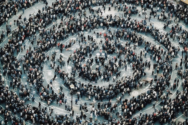 Vue de haut des gens marchant en cercles autour du centre-ville Concept de la prière des cultistes