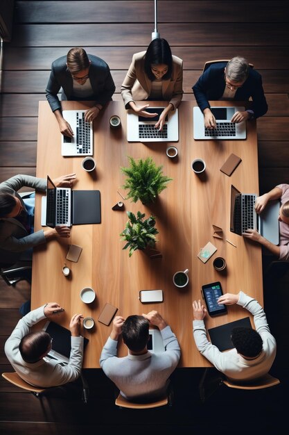 Vue d'en haut d'un groupe diversifié de professionnels d'affaires ayant une réunion autour d'une table en bois dans un bureau moderne