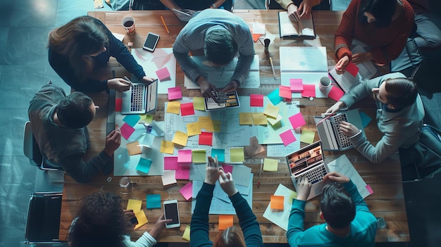 Photo vue d'en haut d'un groupe de jeunes professionnels faisant du brainstorming dans un bureau moderne