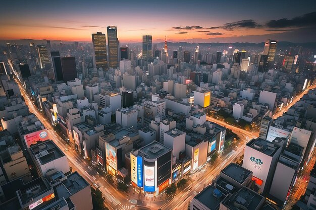 Photo vue d'en haut de l'horizon de la ville de tokyo, de la région de shinjuku et de shibuya au coucher du soleil au japon