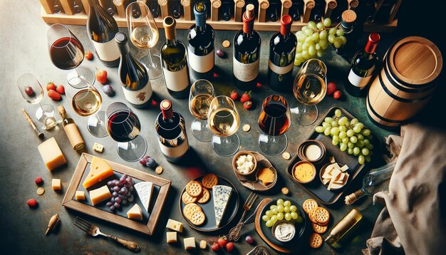 Photo vue d'en haut d'une installation de dégustation de vin italien avec divers verres de vin et collations comme