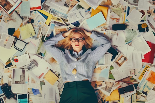 Photo une vue d'en haut d'une jeune femme d'affaires scandinave allongée sur le sol qui est pleine de papiers et de documents dans une scène de bureau image d'ia générative aig30