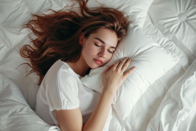 Vue d'en haut d'une jeune femme attrayante qui dort bien dans le lit en étreignant un oreiller blanc et doux.