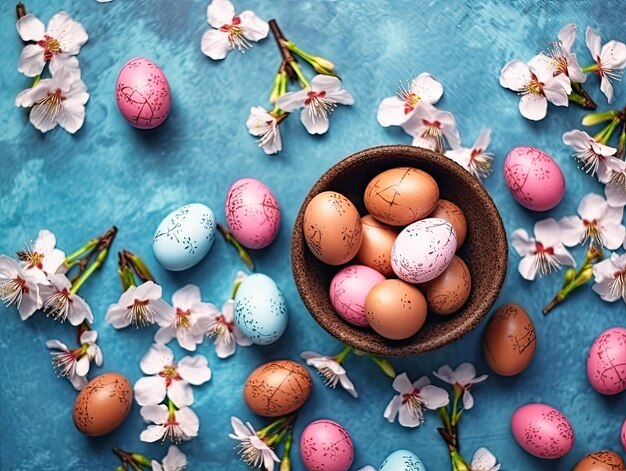 Photo vue de haut de la joyeuse pâques œufs de pâques colorés