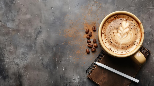 Une vue d'en haut d'un latte avec des grains de café en mousse artistique un bloc-notes et un stylo sur un fond gris texturé