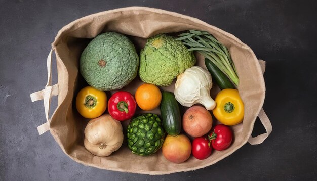 Vue de haut des légumes et des fruits dans le sac