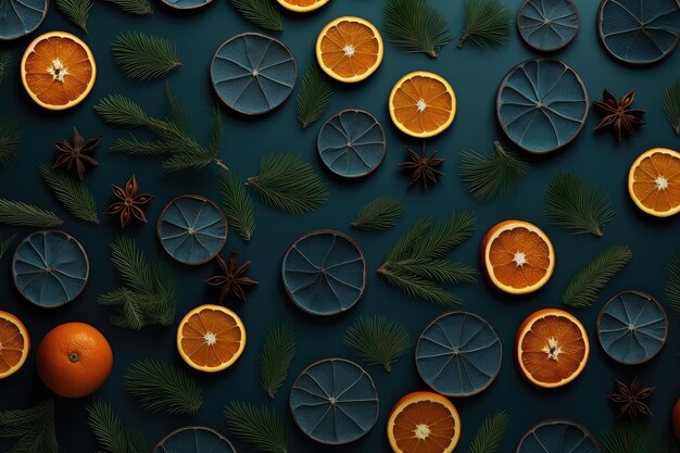 Vue d'en haut des mandarines mûres orange sèches peintes et des branches de sapin vert sur bleu