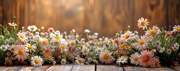 Vue de haut des marguerites sur fond de bois rustique parfait pour l'ambiance du printemps Concept Fleurs de printemps Vue de dessus du bois rustique Arrangement floral Décor saisonnier