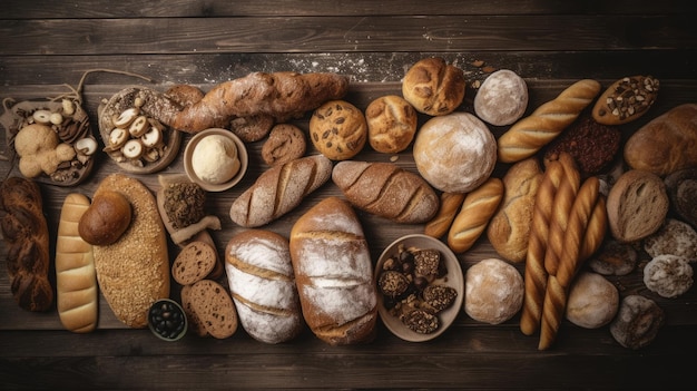 Vue de haut de nombreux types de pain sur fond de bois