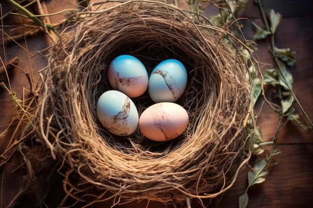 Vue de haut des œufs dans un nid avec la lumière du matin