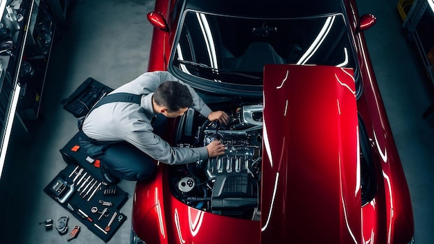 Vue d'en haut d'un ouvrier en uniforme qui répare une automobile rouge