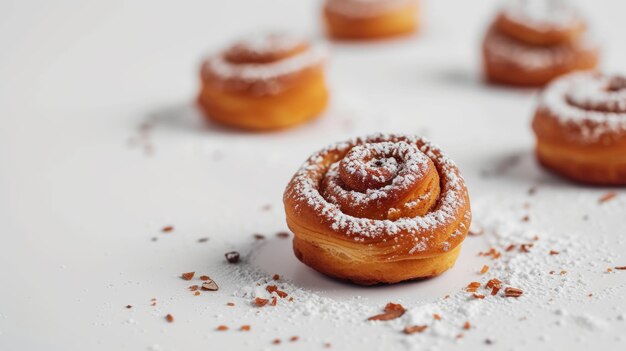 Vue de haut des pains de cannelle fraîchement cuits, rouleaux avec du sucre et de la farine, nourriture esthétique, IA générative.