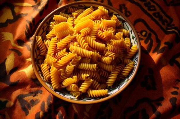 Vue de haut de la pâte en spirale dans un bol d'orange