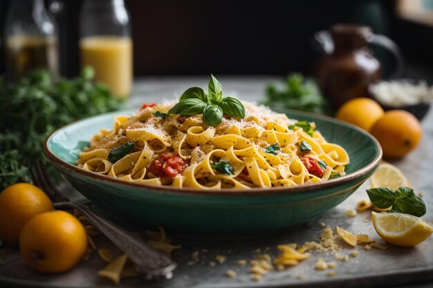 Vue d'en haut des pâtes délicieuses sur l'assiette