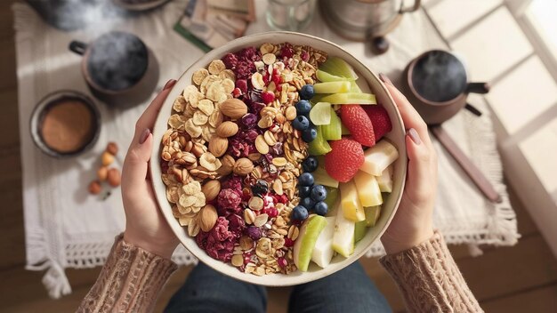 Vue de haut d'une personne tenant un bol de muesli