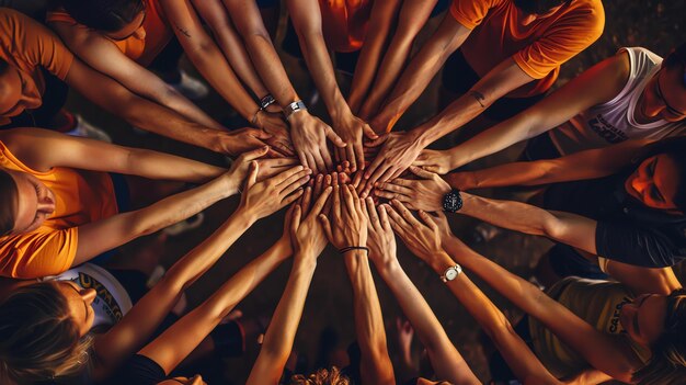 Photo vue d'en haut de personnes diverses et inconnues se joignant les mains pour montrer l'unité et le travail d'équipe