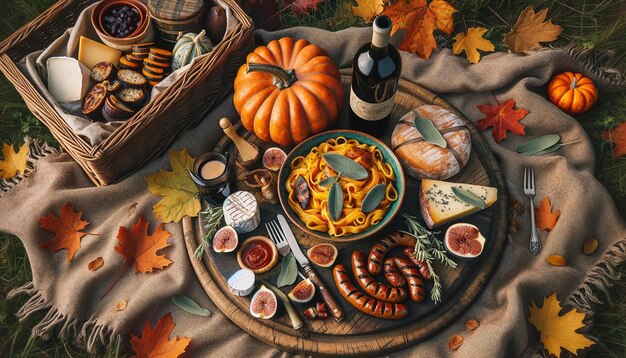 Vue d'en haut d'un pique-nique d'automne avec des pâtes à la citrouille et à la sauge, des saucisses grillées, du fromage et des figues.