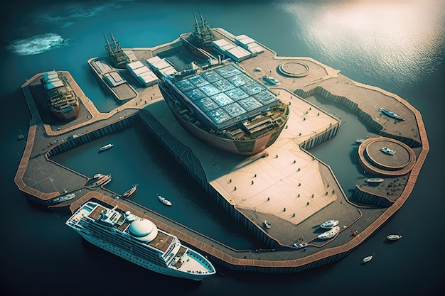Vue d'en haut sur le port de fret futuriste du futur et les porte-conteneurs maritimes créés avec un générateur
