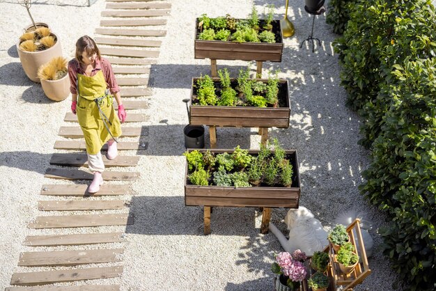 Vue d'en haut sur le potager à la maison et la femme qui travaille