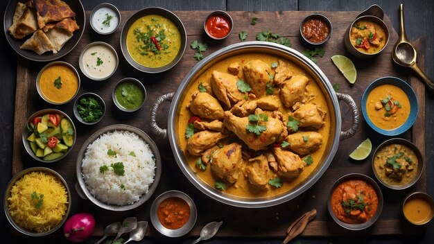 Une vue d'en haut d'un poulet Korma méticuleusement préparé révèle des couches de saveurs et de textures complexes